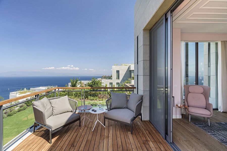 Bedroom balcony of the Y House overlooking the Mediterranean coastline