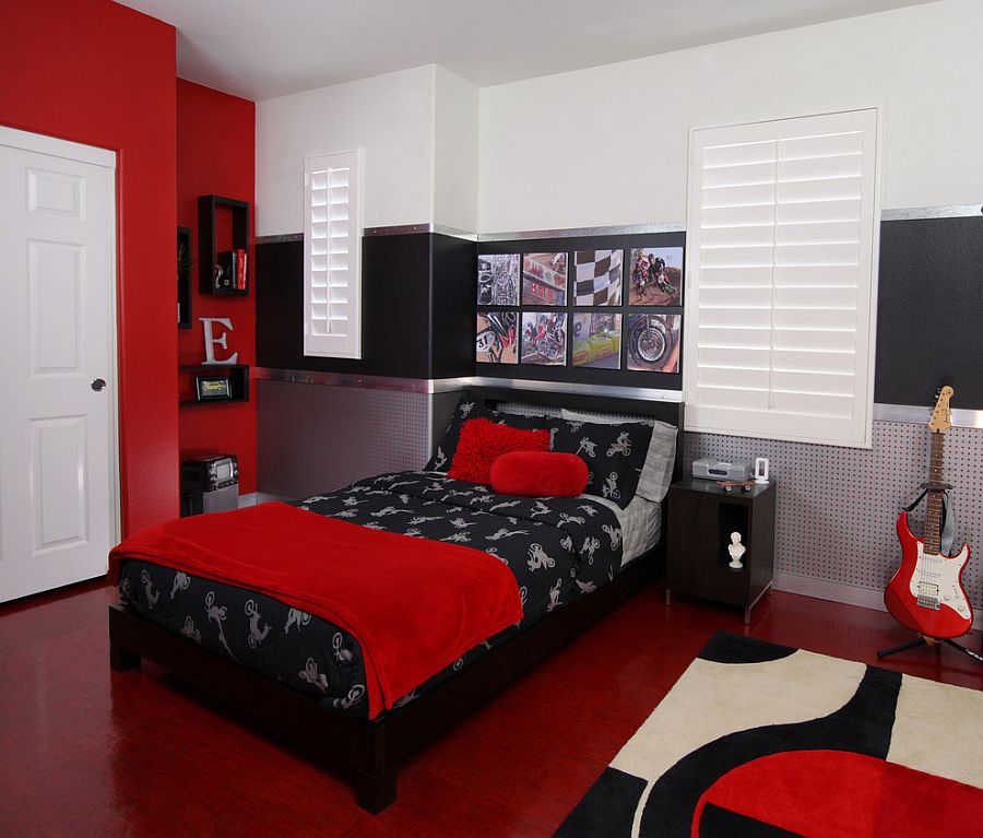 Black and red teen bedroom with an industrial vibe [Design: Cynthia Prizant - Prizant Design]