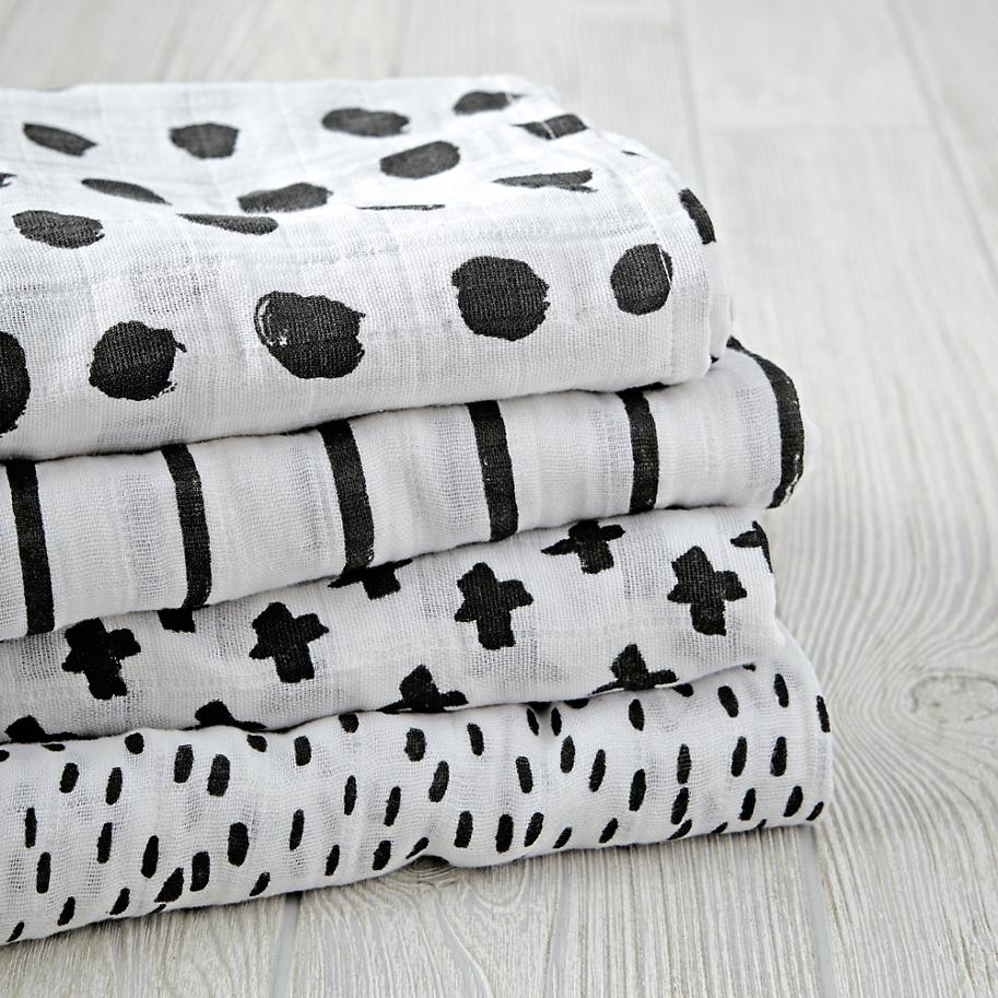 Black and white swaddle blankets from The Land of Nod