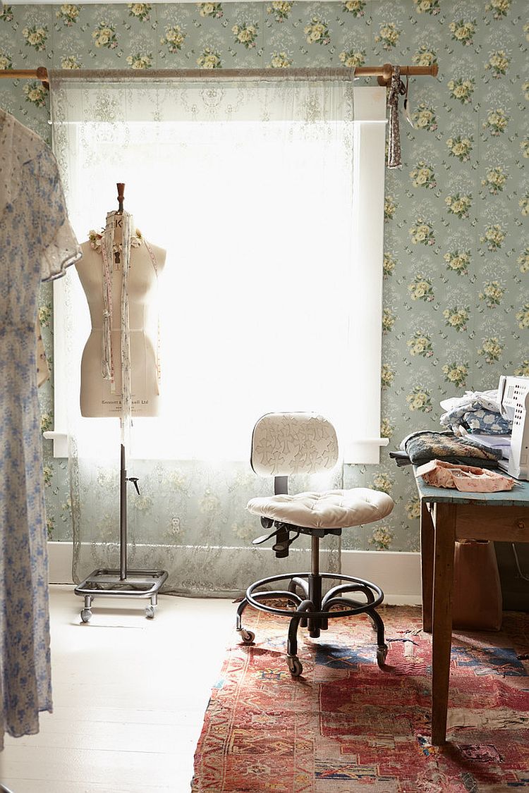 Boho chic home office with wallpapered beauty