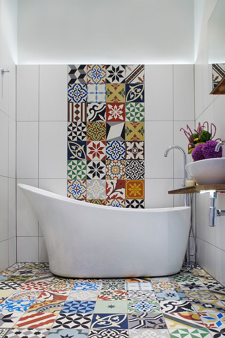 Bold and vivacious Encaustic tiles for the modern Mediterranean bathroom [Design: Cassidy Hughes Interior Design & Styling]