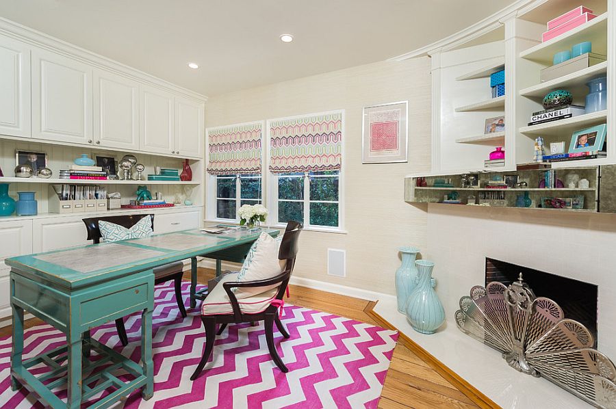 Chevron pattern rug adds color and pattern to the home office