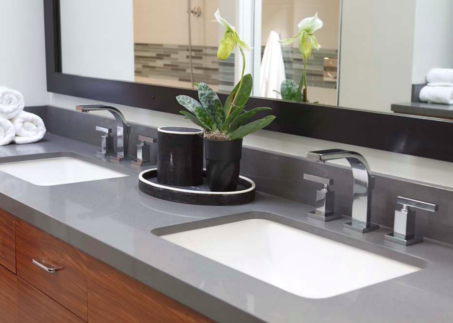 Clean bathroom countertop with a houseplant