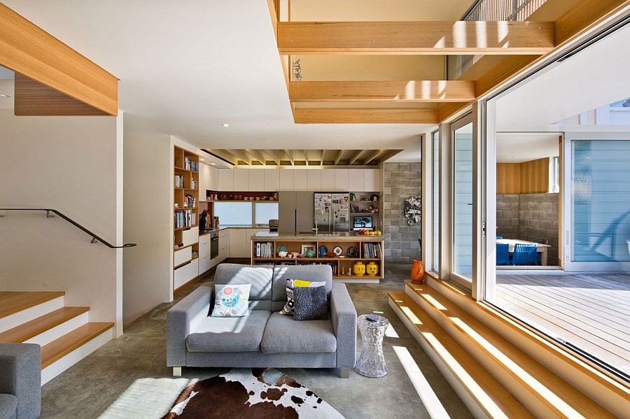 Clever use of closed cabinets and open shelves shapes a dashing modern kitchen