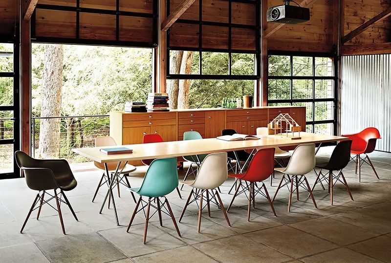 Colorful Eames moulded plastic chairs