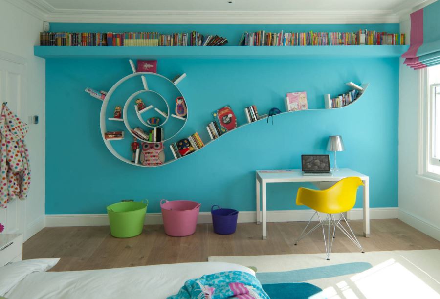 Colorful kids' room with a spiral bookshelf