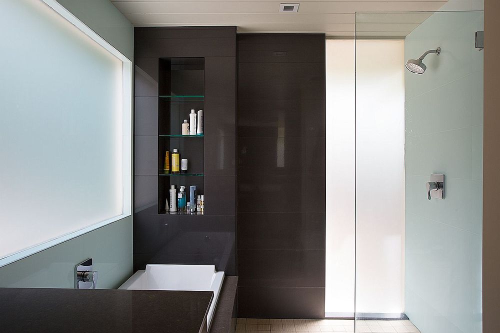 Contemporary bathroom combines dark and light shades beautifully