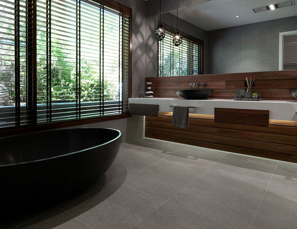 Contemporary gray bathroom with a hint of white and timber warmth