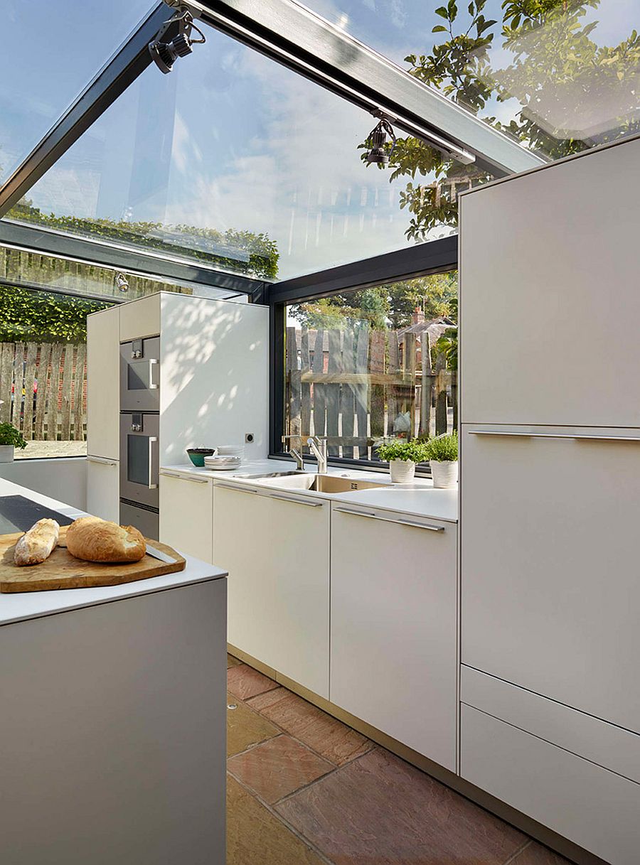 Contemporary kitchen shelves and cabinets keep it clean and organized