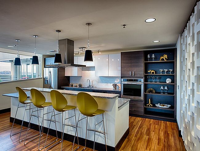 Contemporary kitchen with mid-century glam and a splash of color
