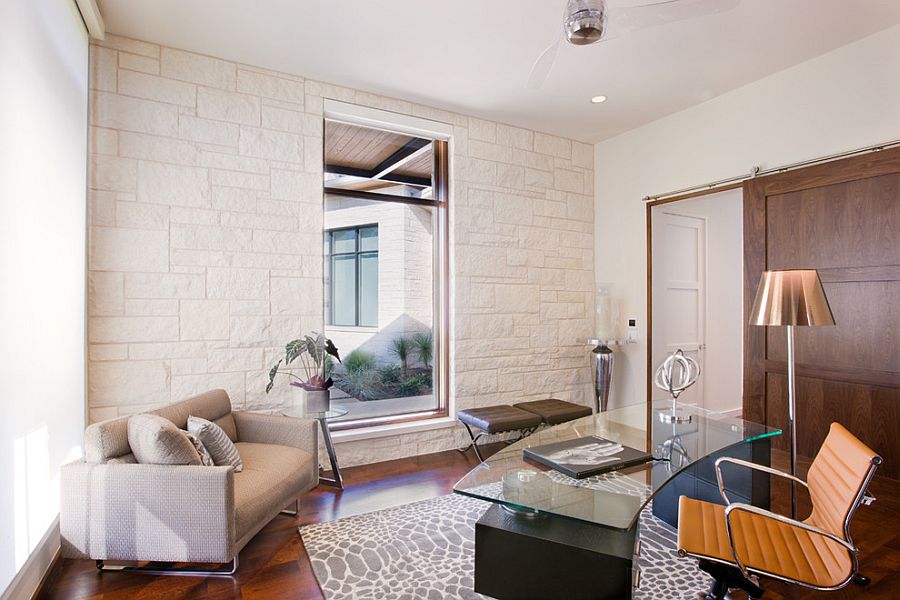 Cool contemporary home office with Austin White Limestone wall [Design: LaRue Architects]