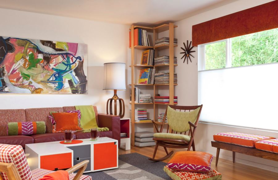 Corner bookshelf with tidy stacks