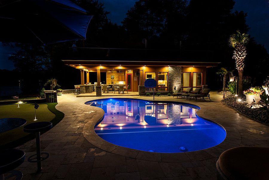 Curvy design of the pool is perfect for the casual ambiance of the lakeside retreat