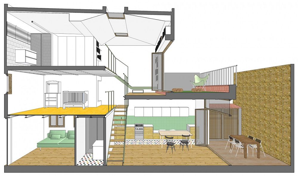 Design plan of the multiple level, renovated row house in Barcelona