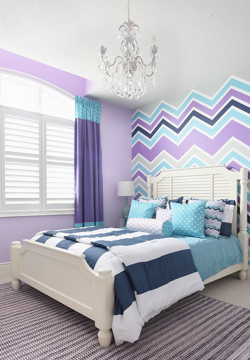 Gorgeous girls' bedroom in violet, aqua and gray