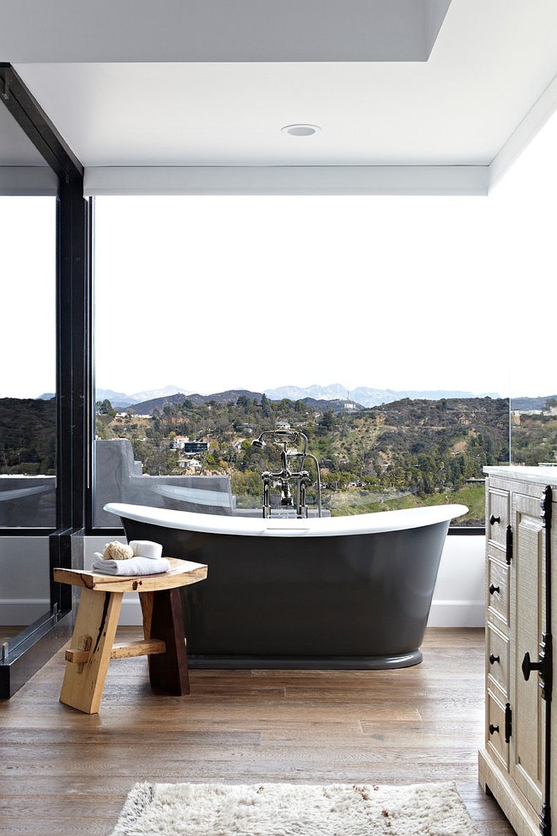 Gorgeous, open bathroom for those who are happy with a view of Hollywood Hills [Design: Janette Mallory Interior Design]