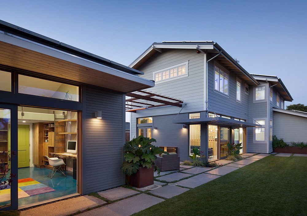 Gray contemporary exterior and home office of Santa Cruz house