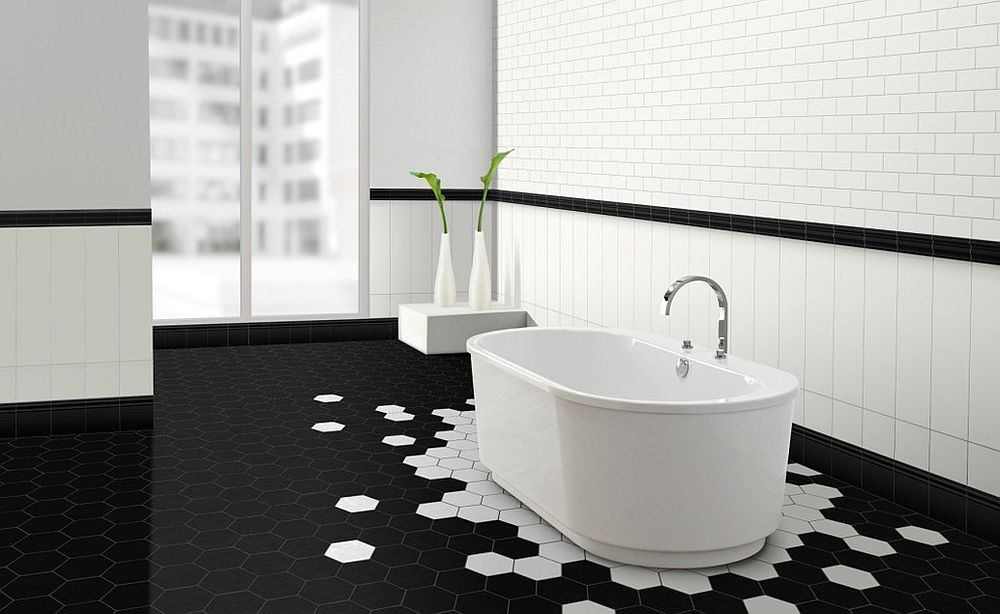 Hexagonal tiles steal the show in this stunning, minimal bathroom