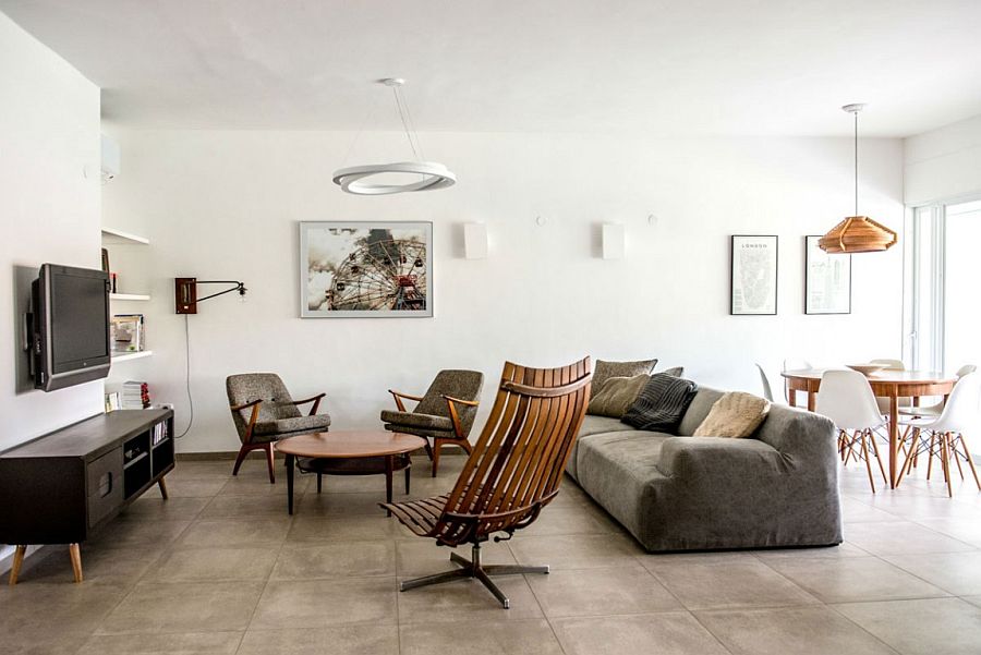 Light-filled, white living room of the apartment in Ramat Yohanan