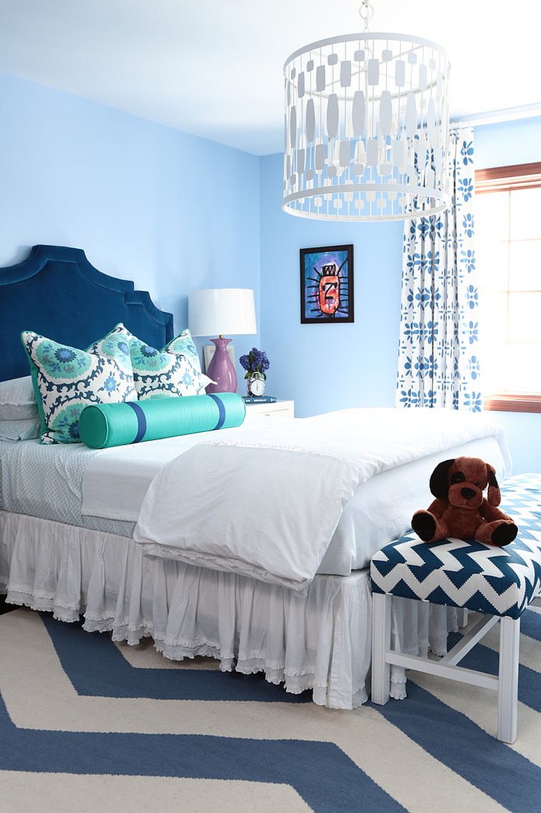 Lovely bedroom bench and rug add chevron magic to this teen bedroom [Design: Alisha Gwen interior design]