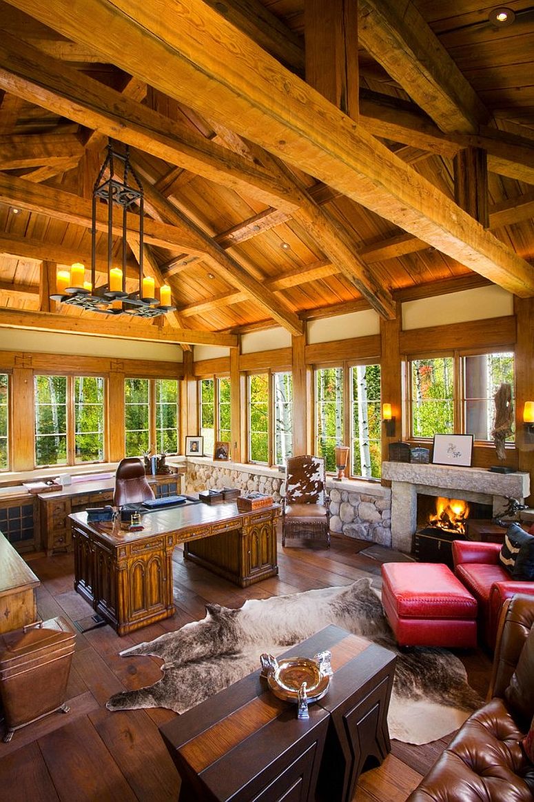 Low stone wall and large windows in the sweeping home office