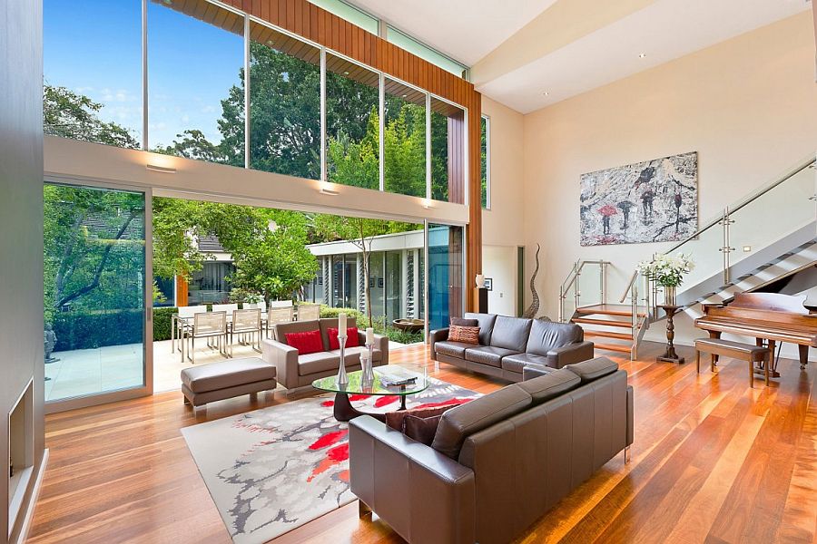 Lower level living area and kitchen of the stylish Sydney home