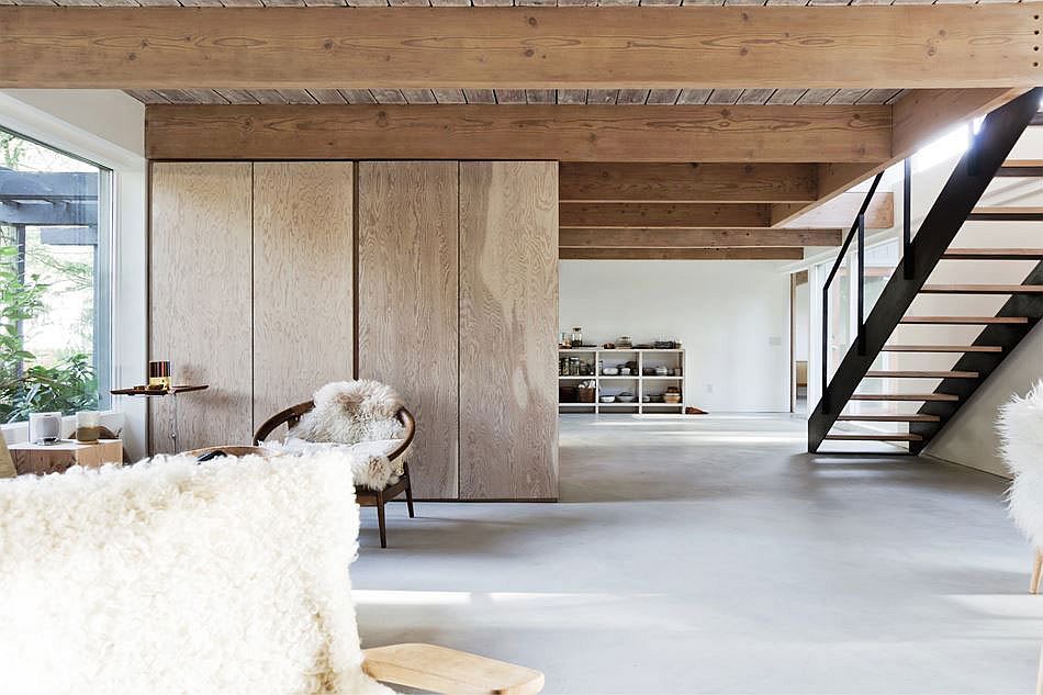 Lye washed douglas fir beams add to the rustic charm of the interior