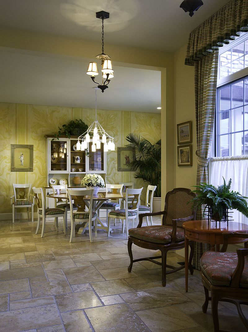 Mediterranean dining room with splash of yellow [Design: Lawrence Architecture]