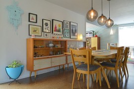 Midcentury hutches placed next to one another to double up the dining room storage space