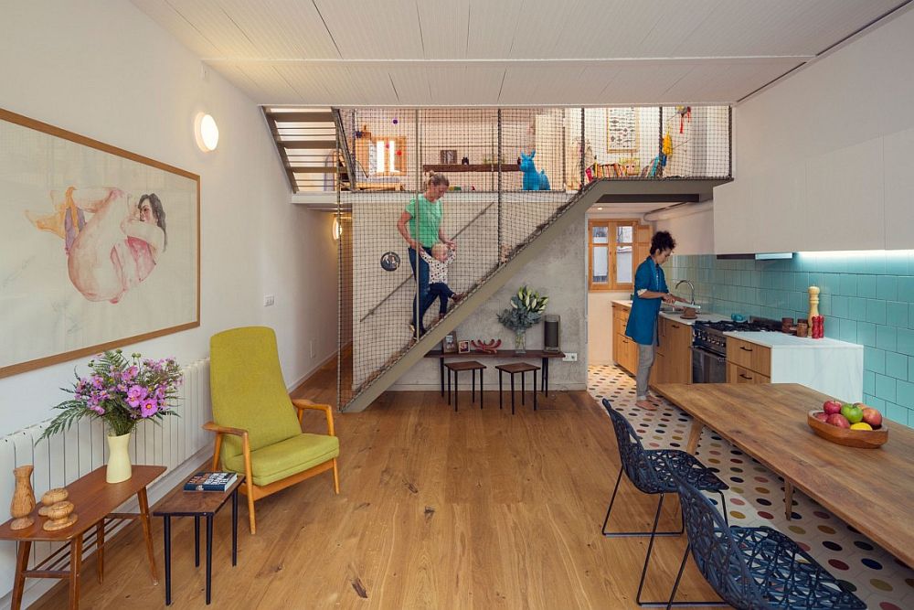 Open lower level living area of the revamped family home in Barcelona