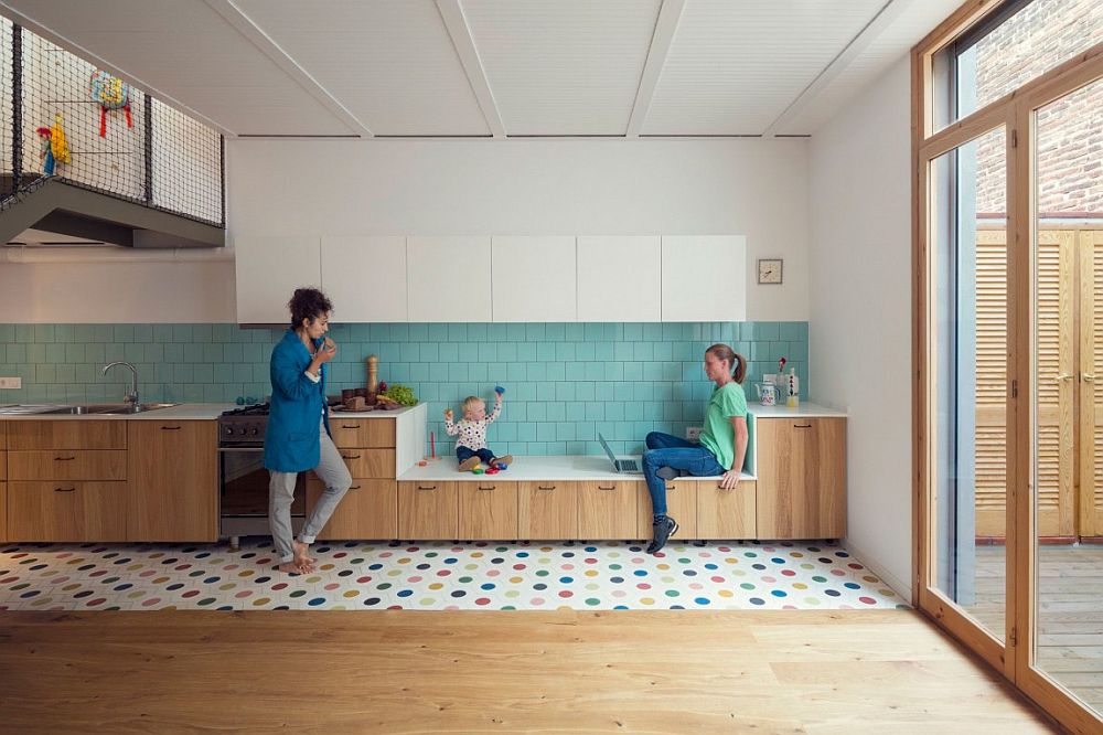 Painted floor and tiles give the interior a colorful look