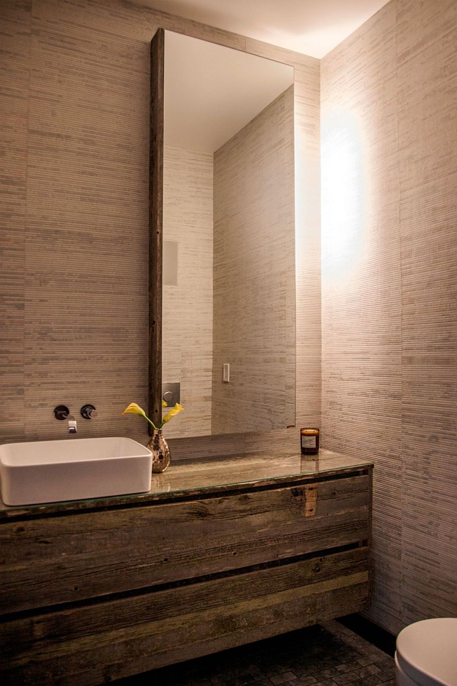 Reclaimed wooden bathroom vanity with glass top