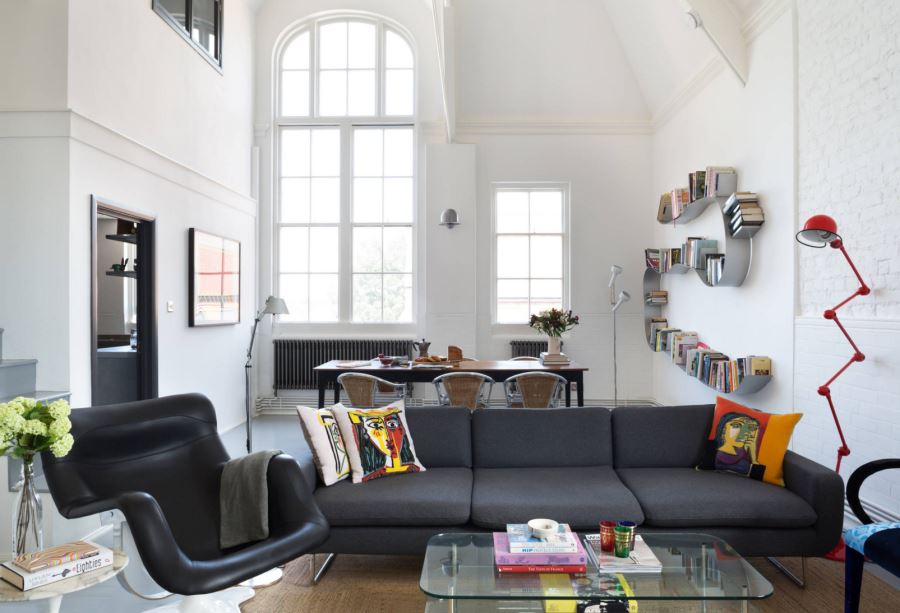 Sculptural bookshelf in a modern living room