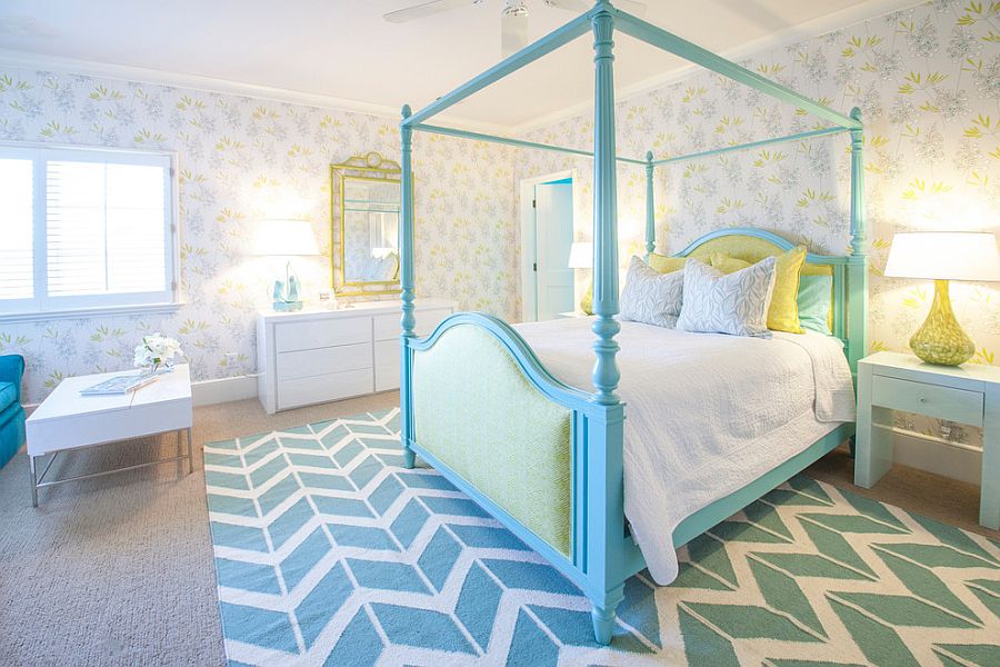 Serene girls' bedroom in turquoise and white with wallpapered walls