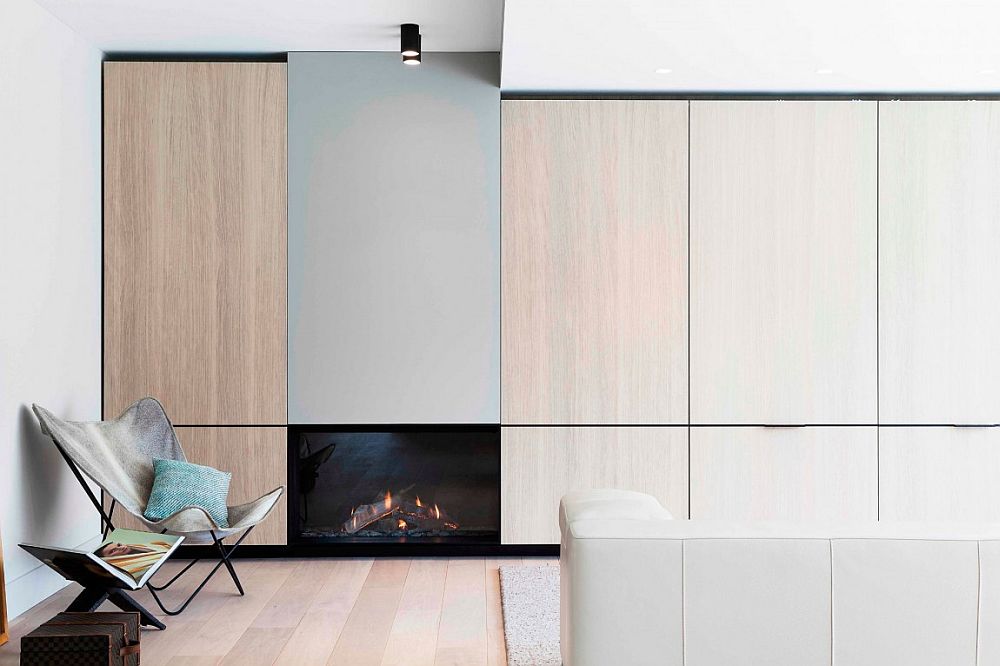 Sleek cabinets with wooden doors and a minimal fireplace give the living space a sophisticated appeal