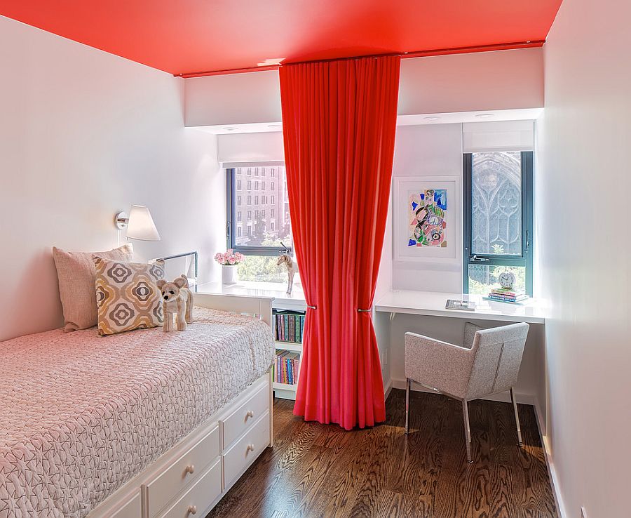 Small kids' room with ceiling and drapes in red [Design: Manhattan Renovations]