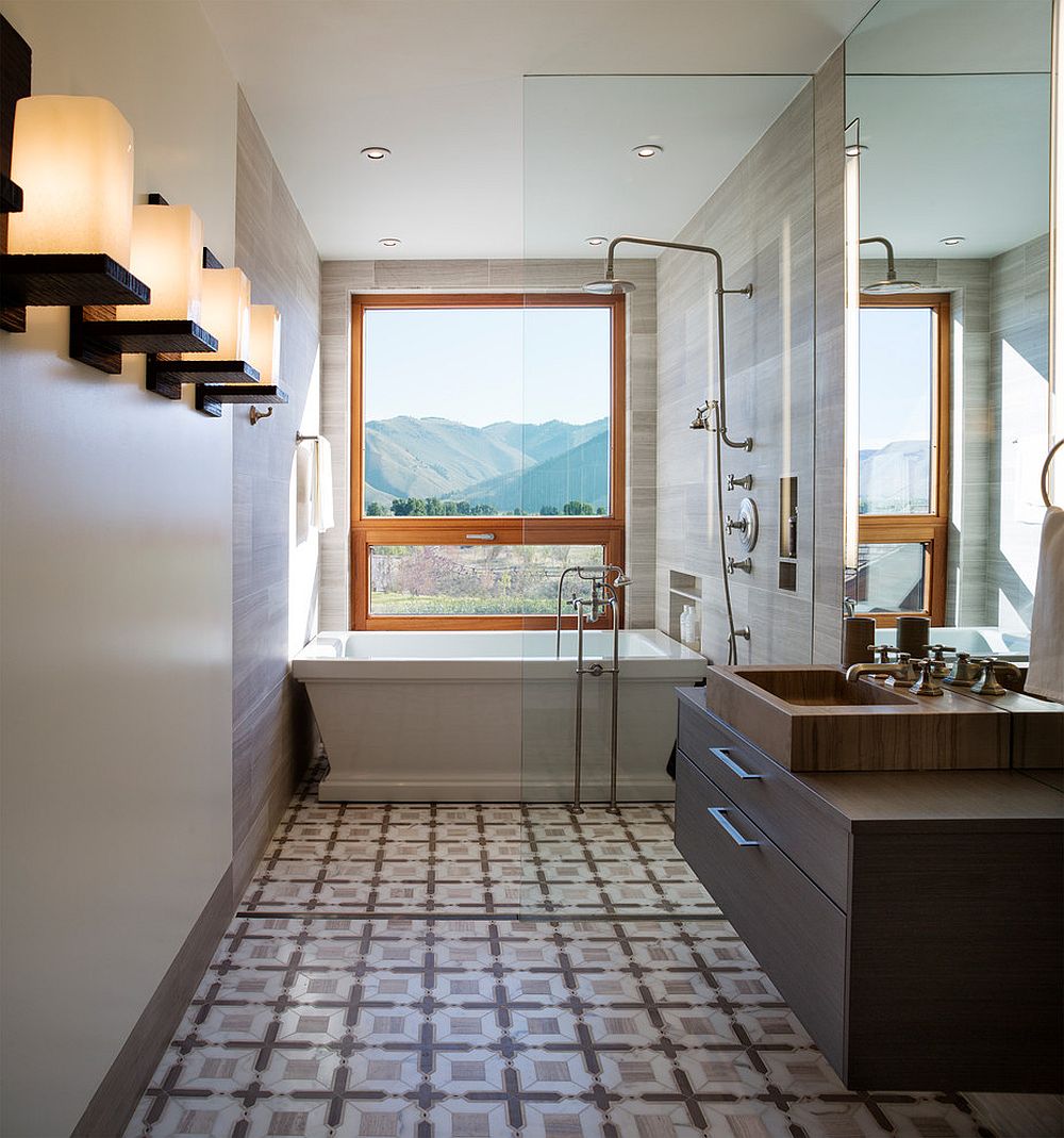 Smart blend of bath and shower in the narrow bathroom