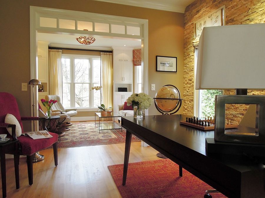 Stacked travertine wall inside the modern home office [Design: DeCocco Design]