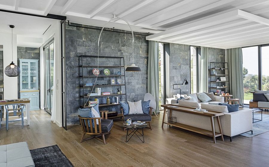 Stone walls add textural beauty to the contemporary interior