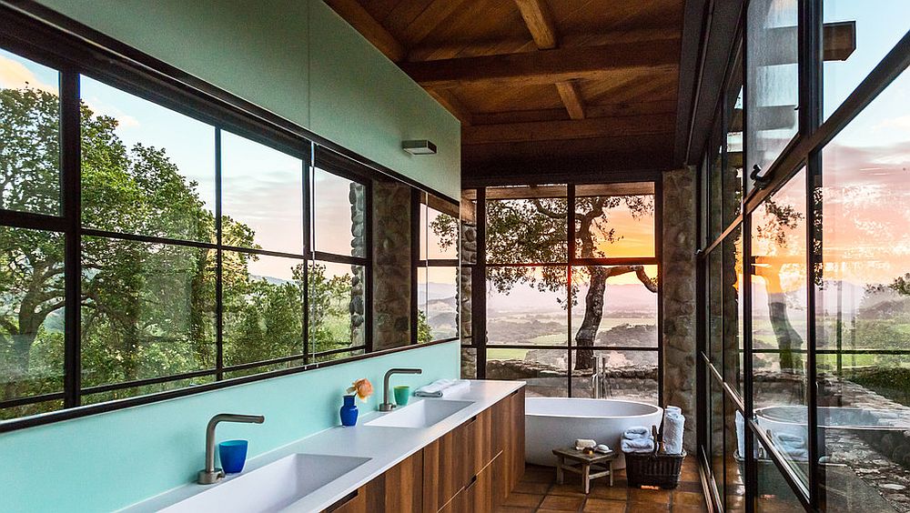 Stunning contemporary bathroom with captivating views of surrounding wine country in Napa Valley [Design: Lundberg Design / Photography: Dale Tan]