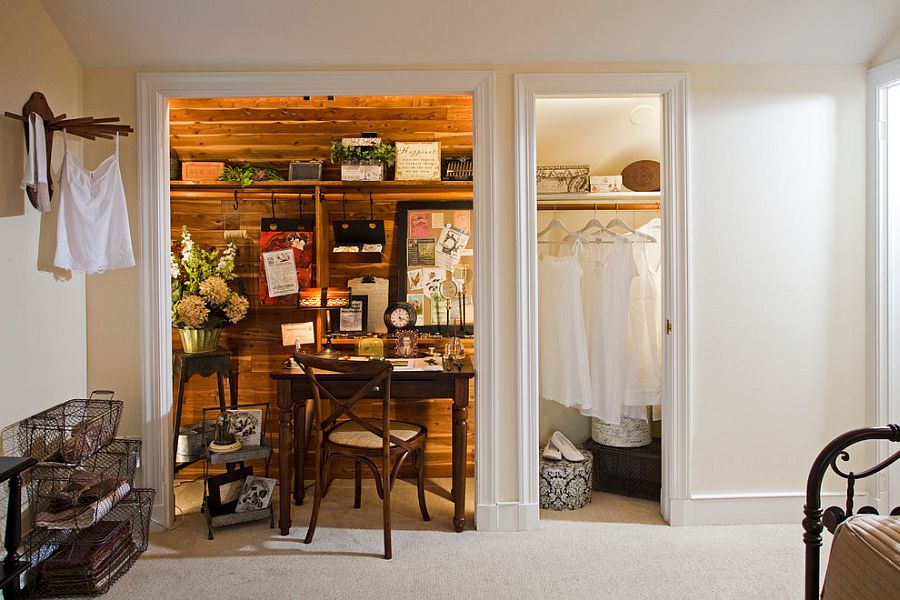 Tiny shabby chic home office makes most of the available closet space