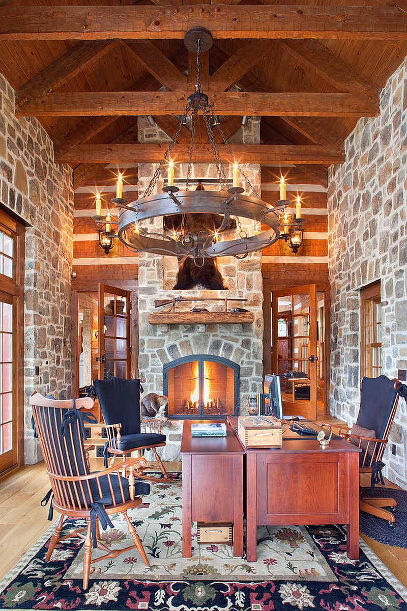 Traditional home office of country retreat is all about stone