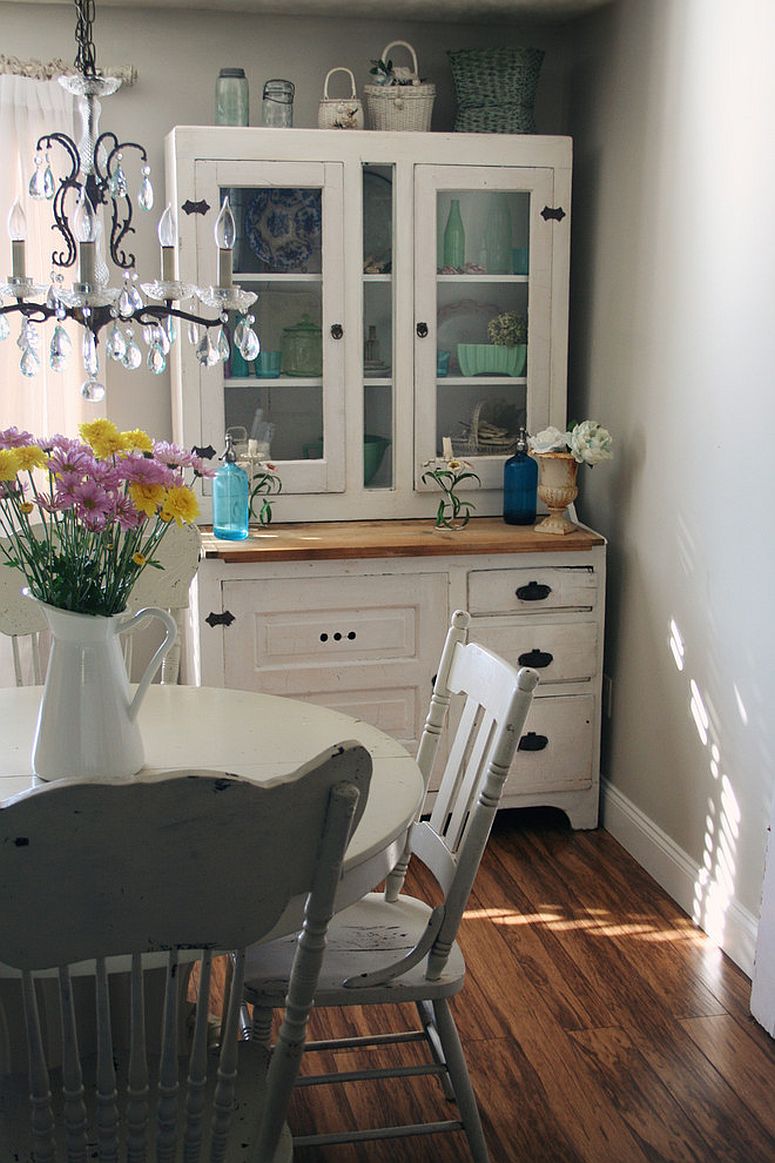 Vintage hutch is an absolute space-saver in the small shabby chic style dining room [From: Heather Kowalski]