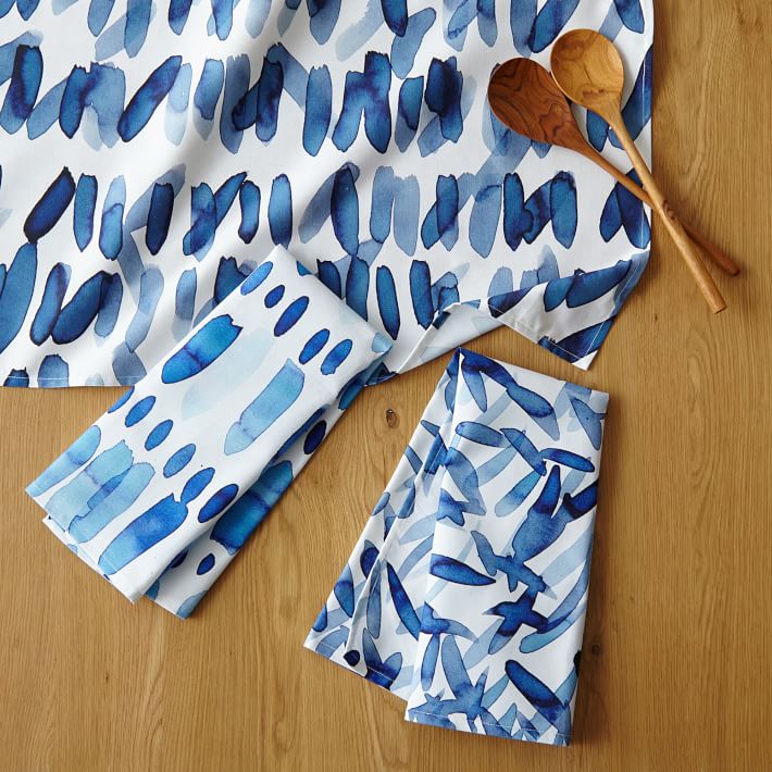 Watercolor patterns on kitchen and dining linens