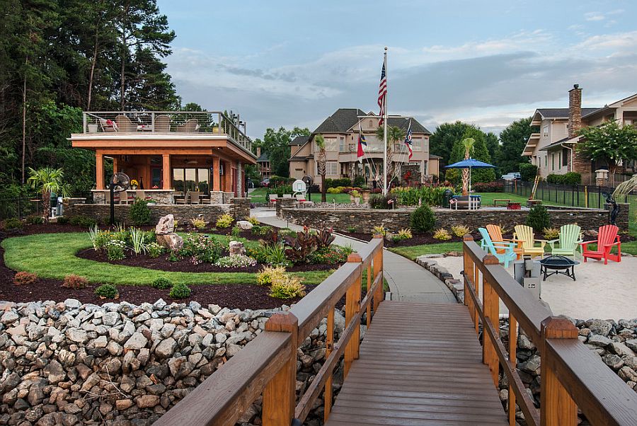 Winding walkway and bridge leads from the cabana to the lake