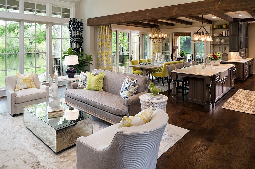 Yellow links the various spaces in this open floor plan