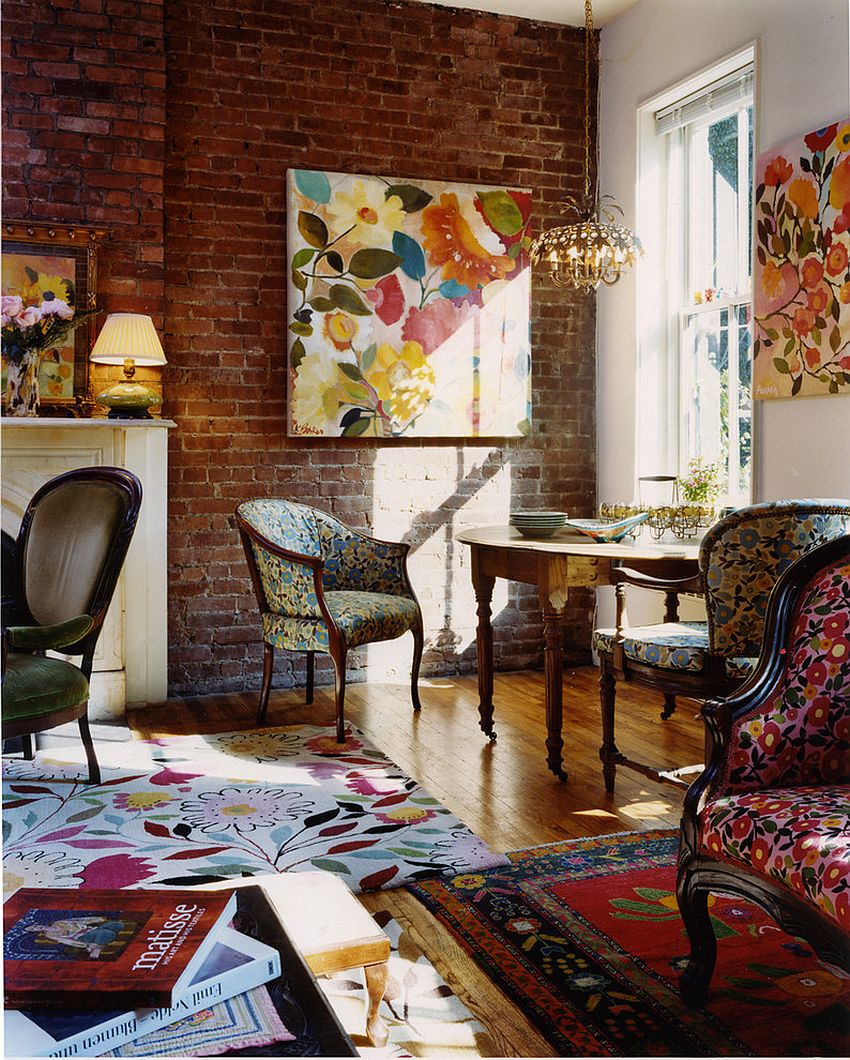 A splash of floral prints graces the traditional living room