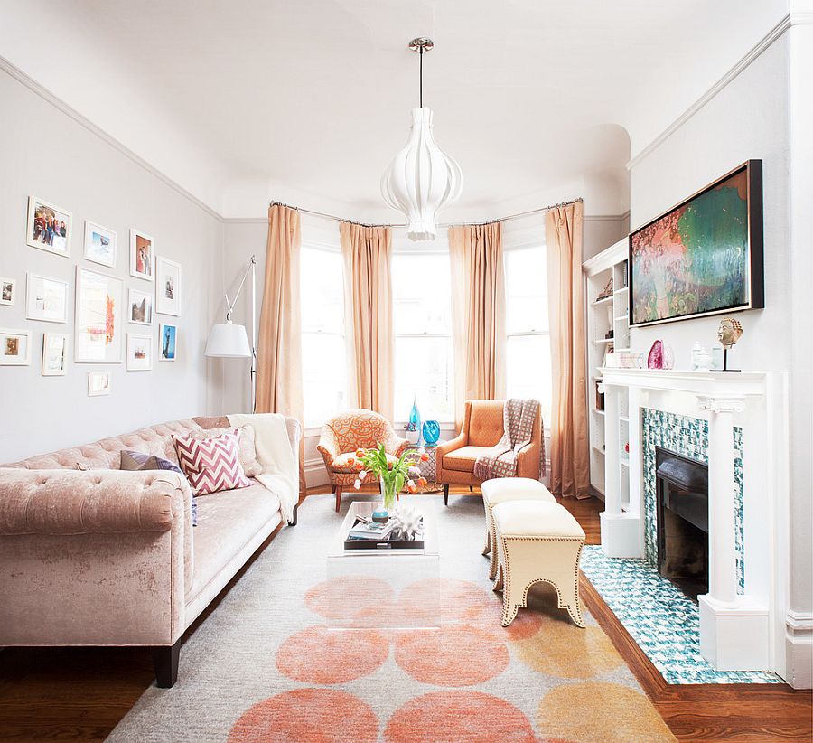 Blush-velvet Chesterfield sofa for the chic Victorian living room [Design: Coddington Design]