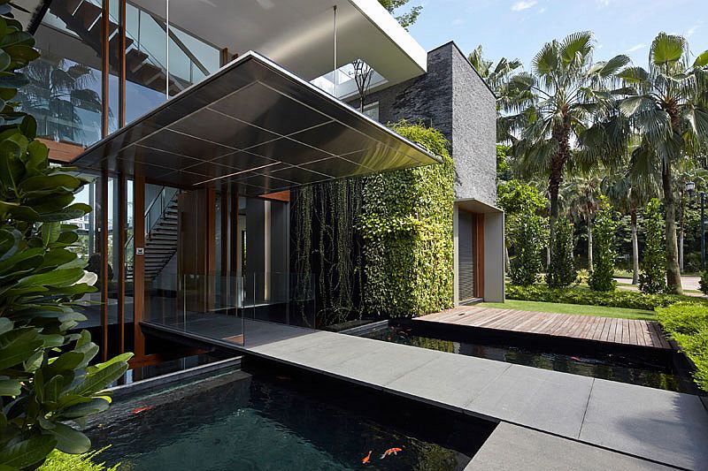 Bridge above the koi pond creates a mesmerizing entrance