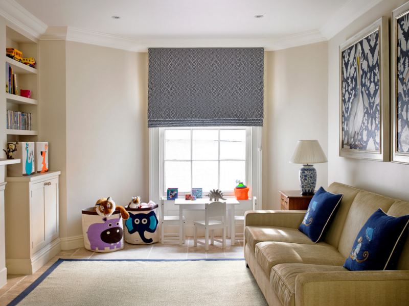 Child-friendly family room with storage baskets